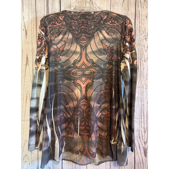 One World Black & Brown BOHO Top Shirt Beaded Design on Neck Size Large - Picture 6 of 8